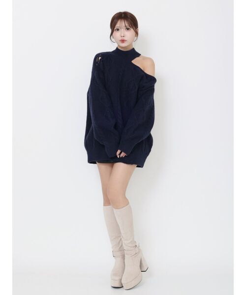 EATME（イートミー）の「ダメージワンショルニット（ニット/セーター・レディース・ネイビー/オフホワイト/グレー・FREE）」の6枚目の写真