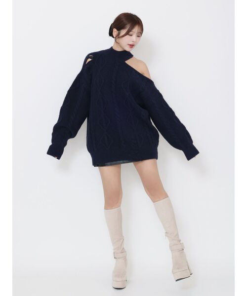 EATME（イートミー）の「ダメージワンショルニット（ニット/セーター・レディース・ネイビー/オフホワイト/グレー・FREE）」の5枚目の写真