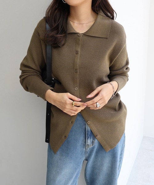 セール】サイドリボンリブニットシャツカーディガン（カーディガン