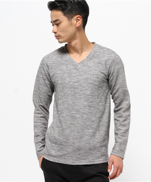 VENCEEXCHANGE(ヴァンスエクスチェンジ)の「WフェイスボーダーVネックロンT (Tシャツ/カットソー・メンズ・ブラック/グレー・LARGE/MEDIUM/SMALL)」の1枚目の写真