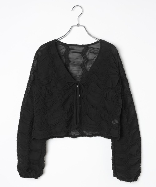 BAYFLOW（ベイフロー）の「[夏から秋に活躍]シャーリングシフォンカーディガン（カーディガン/ボレロ・レディース・オフホワイト/ブラック・FREE）」の14枚目の写真