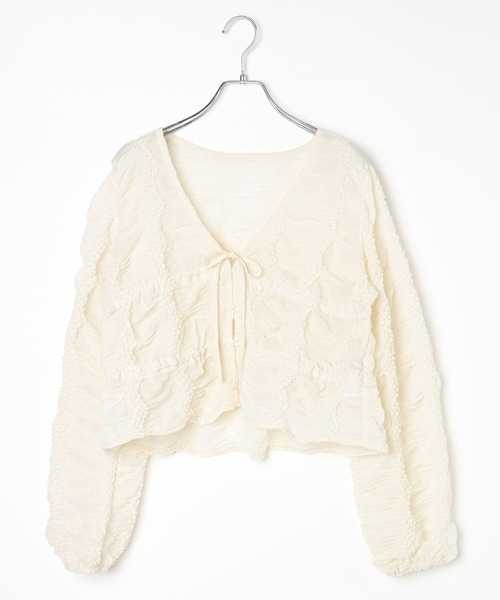 BAYFLOW（ベイフロー）の「[夏から秋に活躍]シャーリングシフォンカーディガン（カーディガン/ボレロ・レディース・オフホワイト/ブラック・FREE）」の13枚目の写真