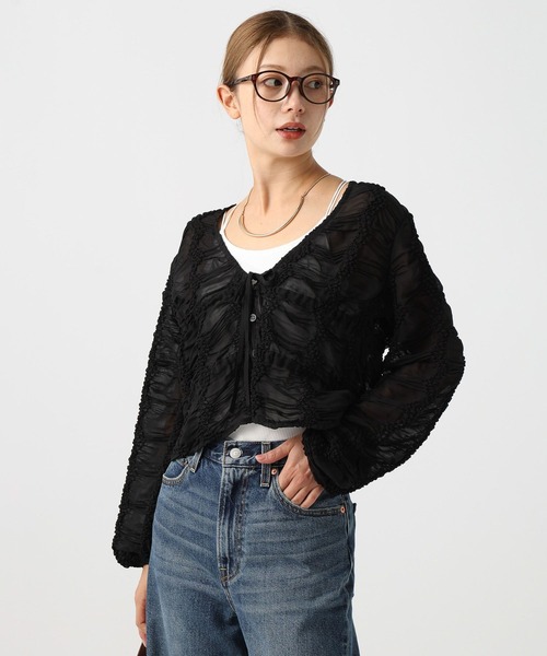 BAYFLOW（ベイフロー）の「[夏から秋に活躍]シャーリングシフォンカーディガン（カーディガン/ボレロ・レディース・オフホワイト/ブラック・FREE）」の11枚目の写真