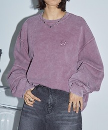【セットアップ対応】ヴィンテージ加工スノーウォッシュ ワンポイントロゴ刺繍 切り替えダンボールスウェット