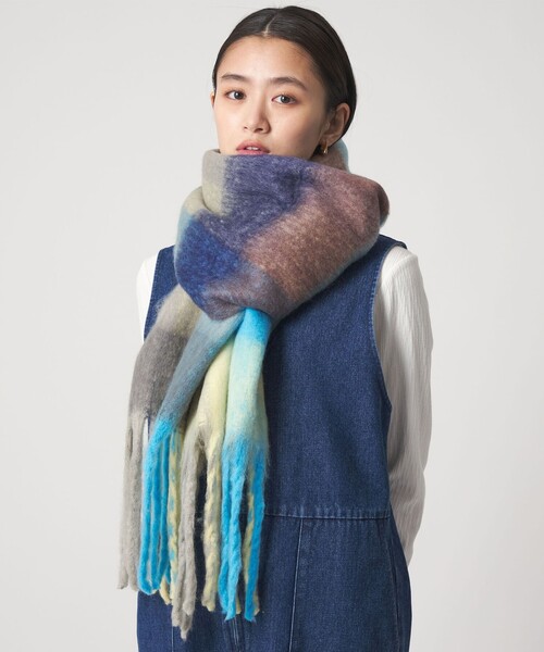 CITEN(シテン)の「<CITEN>カラフルチェックストール(マフラー・レディース・ライトブルー/オレンジ・FREE)」の2枚目の写真