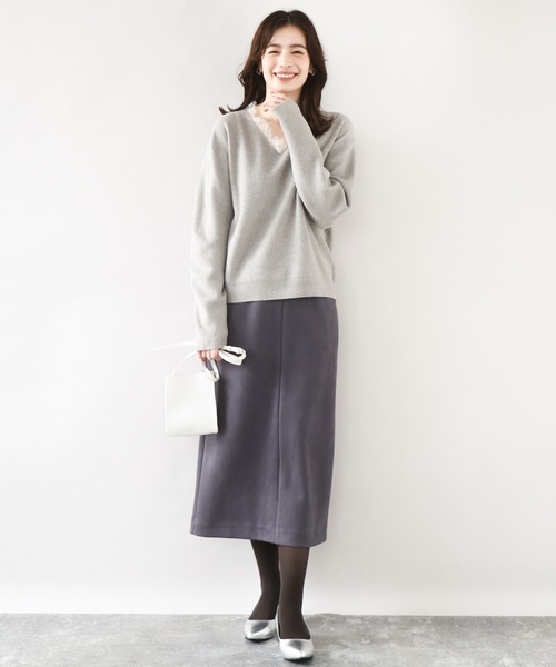 OFUON le MK（オフオンルエムケー）の「【2025AW】Vネックレース片畦編みニット/洗える/WEB限定サイズあり（ニット/セーター・レディース・ブラック/グレー/グレイッシュブルー・36/38）」の5枚目の写真