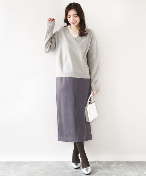 OFUON le MK（オフオンルエムケー）の「【2025AW】Vネックレース片畦編みニット/洗える/WEB限定サイズあり（ニット/セーター・レディース・ブラック/グレー/グレイッシュブルー・36/38）」の7枚目の写真