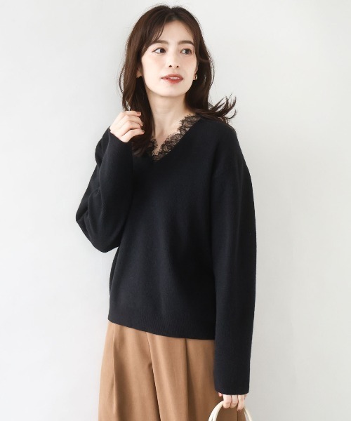 OFUON le MK（オフオンルエムケー）の「【2025AW】Vネックレース片畦編みニット/洗える/WEB限定サイズあり（ニット/セーター・レディース・ブラック/グレー/グレイッシュブルー・36/38）」の10枚目の写真