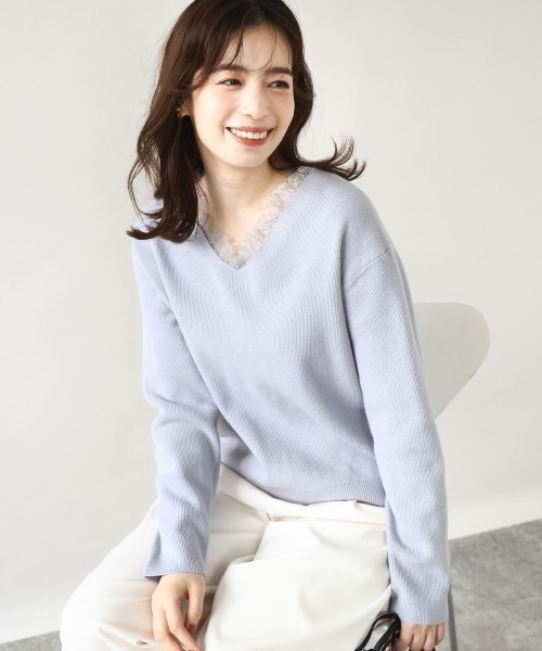 OFUON le MK（オフオンルエムケー）の「【2025AW】Vネックレース片畦編みニット/洗える/WEB限定サイズあり（ニット/セーター・レディース・ブラック/グレー/グレイッシュブルー・36/38）」の15枚目の写真