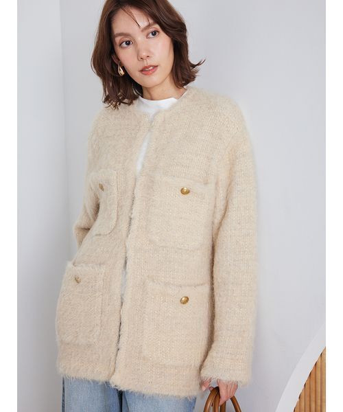 Mila Owen(ミラオーウェン)の「金釦ラメシャギーツイードニットジャケット(ノーカラージャケット・レディース・イエロー/グレー/アイボリー・F)」の5枚目の写真