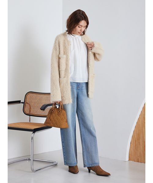 金釦ラメシャギーツイードニットジャケット（ノーカラージャケット