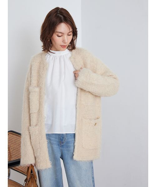 金釦ラメシャギーツイードニットジャケット（ノーカラージャケット