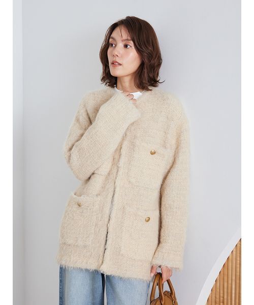 金釦ラメシャギーツイードニットジャケット（ノーカラージャケット