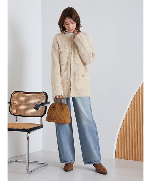 金釦ラメシャギーツイードニットジャケット（ノーカラージャケット