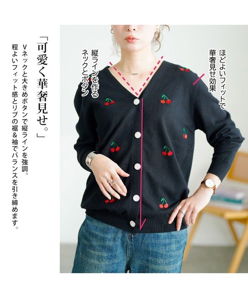 GOLDJAPAN(ゴールドジャパン)の「さくらんぼ柄Vネックニットカーディガン【大きいサイズ対応】(カーディガン/ボレロ・レディース・ブラック/ブルー・4L/3L/LL/5L)」の5枚目の写真