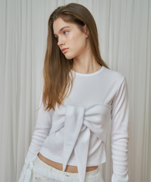 KNOT BUSTIER RIBBON LONG SLEEVE T SHIRT WHITE