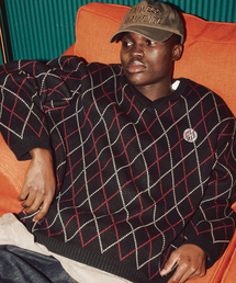 XTONZ（エクストーンズ）の「XTK171 Argyle V-Neck Pullover Knit (BLACK)（ニット/セーター・メンズ）」