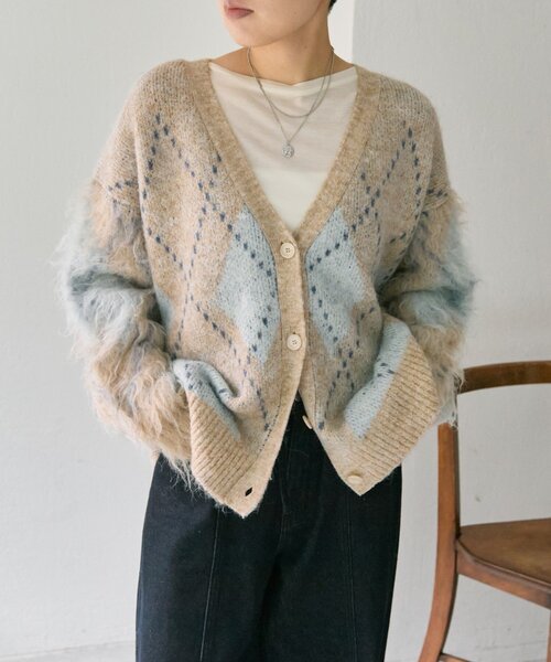 ear PAPILLONNER（イアパピヨネ）の「アーガイルニットカーディガン【SUM1 STYLE】（カーディガン/ボレロ・レディース・ベージュ/ネイビー・FREE）」の3枚目の写真