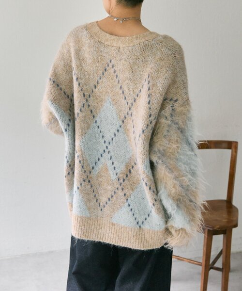 ear PAPILLONNER（イアパピヨネ）の「アーガイルニットカーディガン【SUM1 STYLE】（カーディガン/ボレロ・レディース・ベージュ/ネイビー・FREE）」の7枚目の写真