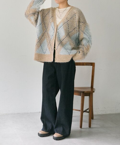 ear PAPILLONNER（イアパピヨネ）の「アーガイルニットカーディガン【SUM1 STYLE】（カーディガン/ボレロ・レディース・ベージュ/ネイビー・FREE）」の9枚目の写真