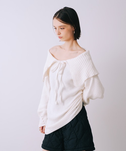 SELFIST(セルフィスト)の「2wayショルダー マシュマロニット 襟付きニット リボン クリスマス オフショルダー(ニット/セーター・レディース・オフホワイト/ブラック・フリー)」の17枚目の写真