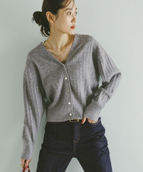 セール】洗えるケーブルVネックカーディガン/608428（カーディガン