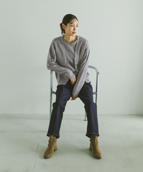 GLOBAL WORK（グローバルワーク）の「洗えるケーブルVネックカーディガン/608428（カーディガン/ボレロ・レディース・ライトイエロー/杢グレー/ネイビー・LARGE/MEDIUM）」の4枚目の写真