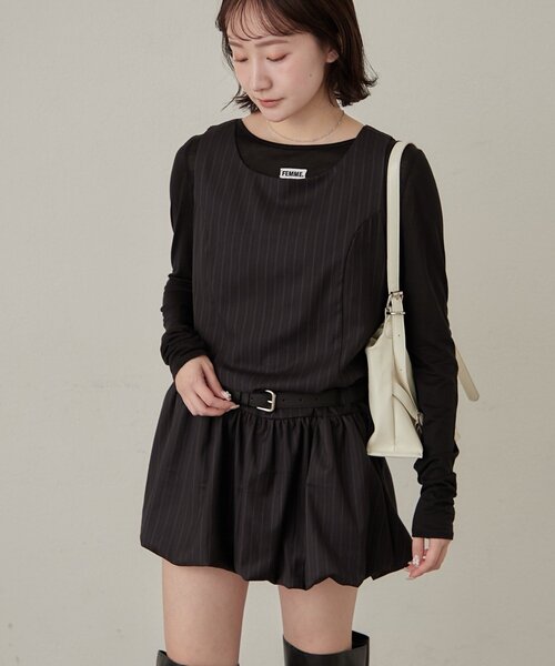 mline（エムライン）の「[mline]ストライプベルトワンピース（ワンピース・レディース・チャコールグレー/ブラック・1/2）」の2枚目の写真