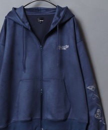 ANPAS（アンパス）の「Faux suede hoodie featuring sleeve embroidery / フェイクスエード 袖刺繍ダブルジップパーカー フーディー メンズ レディース ユニセックスエード袖刺繍フルジップパーカー（パーカー）」