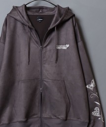 ANPAS（アンパス）の「Faux suede hoodie featuring sleeve embroidery / フェイクスエード 袖刺繍ダブルジップパーカー フーディー メンズ レディース ユニセックスエード袖刺繍フルジップパーカー（パーカー）」