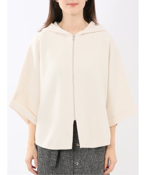 m.f.editorial(エムエフエディトリアル)の「【ストレッチ ウォッシャブル ニットアウター】ウォッシャブル ポンチョ風 フードコーディガン(カーディガン/ボレロ・レディース・ブラウン/オフホワイト/チャコールグレー・MEDIUM)」の8枚目の写真