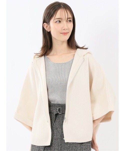 m.f.editorial(エムエフエディトリアル)の「【ストレッチ ウォッシャブル ニットアウター】ウォッシャブル ポンチョ風 フードコーディガン(カーディガン/ボレロ・レディース・ブラウン/オフホワイト/チャコールグレー・MEDIUM)」の14枚目の写真