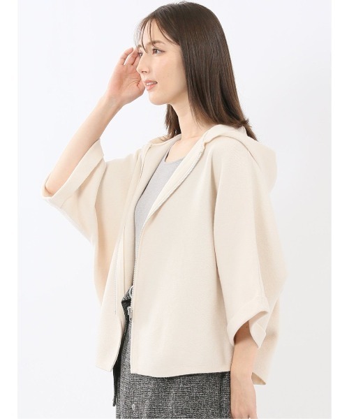 m.f.editorial(エムエフエディトリアル)の「【ストレッチ ウォッシャブル ニットアウター】ウォッシャブル ポンチョ風 フードコーディガン(カーディガン/ボレロ・レディース・ブラウン/オフホワイト/チャコールグレー・MEDIUM)」の15枚目の写真