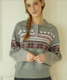 Snowflake Jacquard Collar Wool Knit - Grey