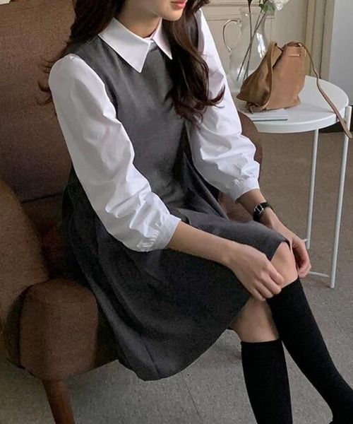 ReRe(リリ)の「プリーツ切替ジャンパースカート(ジャンパースカート・レディース・グレー/ブラック・FREE)」の5枚目の写真