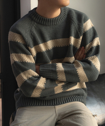 HELIOS（ヘリオス）の「配色ボーダーラウンドネックニット[チャコールグレー]（ニット/セーター）」