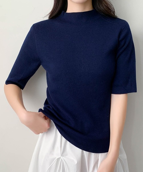 LOWO(ロワ)の「ウール混でなめらか モックネック ニットトップス 半袖 春ニット(ニット/セーター・レディース・ベージュ/ブラック/アイボリー/チャコールグレー/ネイビー・FREE)」の5枚目の写真