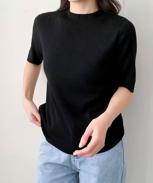LOWO(ロワ)の「ウール混でなめらか モックネック ニットトップス 半袖 春ニット(ニット/セーター・レディース・ベージュ/ブラック/アイボリー/チャコールグレー/ネイビー・FREE)」の2枚目の写真