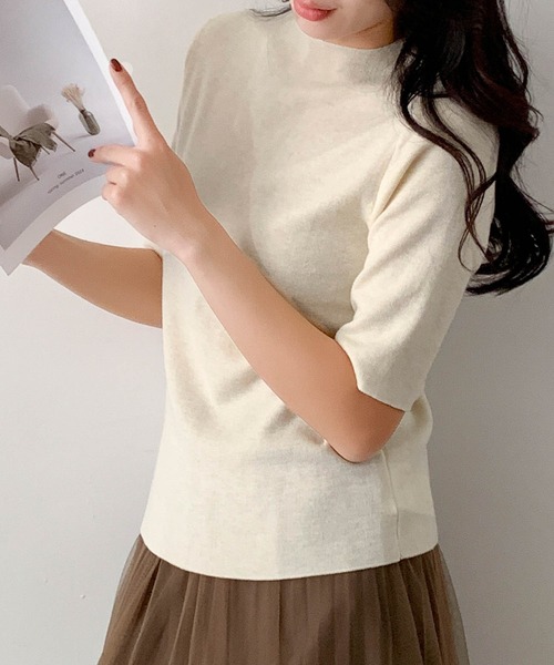 LOWO(ロワ)の「ウール混でなめらか モックネック ニットトップス 半袖 春ニット(ニット/セーター・レディース・ベージュ/ブラック/アイボリー/チャコールグレー/ネイビー・FREE)」の6枚目の写真