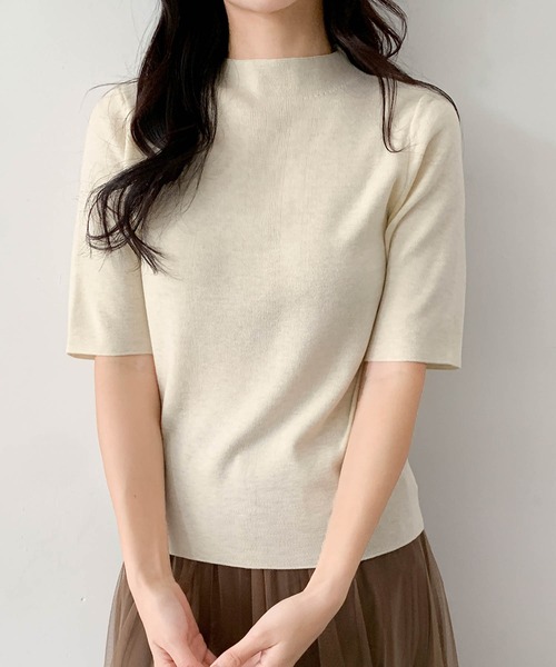 LOWO(ロワ)の「ウール混でなめらか モックネック ニットトップス 半袖 春ニット(ニット/セーター・レディース・ベージュ/ブラック/アイボリー/チャコールグレー/ネイビー・FREE)」の7枚目の写真