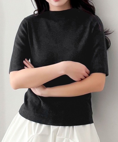 LOWO(ロワ)の「ウール混でなめらか モックネック ニットトップス 半袖 春ニット(ニット/セーター・レディース・ベージュ/ブラック/アイボリー/チャコールグレー/ネイビー・FREE)」の9枚目の写真