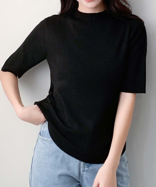 LOWO(ロワ)の「ウール混でなめらか モックネック ニットトップス 半袖 春ニット(ニット/セーター・レディース・ベージュ/ブラック/アイボリー/チャコールグレー/ネイビー・FREE)」の12枚目の写真