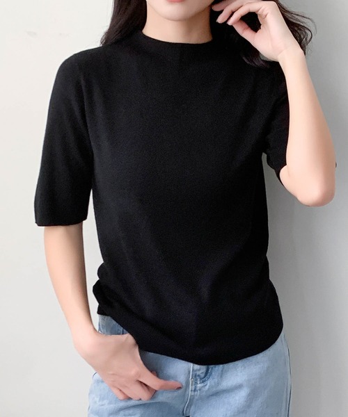 LOWO(ロワ)の「ウール混でなめらか モックネック ニットトップス 半袖 春ニット(ニット/セーター・レディース・ベージュ/ブラック/アイボリー/チャコールグレー/ネイビー・FREE)」の13枚目の写真