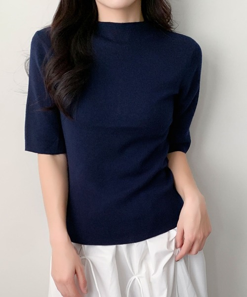 LOWO(ロワ)の「ウール混でなめらか モックネック ニットトップス 半袖 春ニット(ニット/セーター・レディース・ベージュ/ブラック/アイボリー/チャコールグレー/ネイビー・FREE)」の21枚目の写真