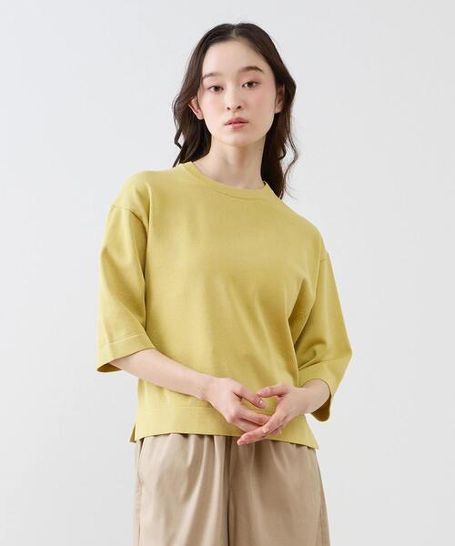 LOGEMENT DE CLAIRE(ロジュモンドクレール)の「クルーネック5分袖ニットプルオーバー(ニット/セーター・レディース・ライトベージュ/ブルー/イエロー/ダークブラウン・FREE)」の4枚目の写真