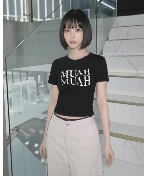 muahmuah（ムーアムーア）の「ハートポイントクロップ半袖Tシャツ[4色]（Tシャツ/カットソー・レディース・ブラック/アイボリー/ネイビー/アイボリー系・FREE）」の9枚目の写真