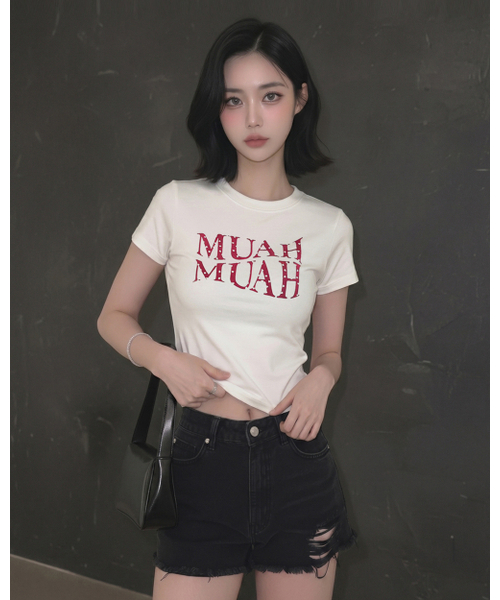 muahmuah（ムーアムーア）の「ハートポイントクロップ半袖Tシャツ[4色]（Tシャツ/カットソー・レディース・ブラック/アイボリー/ネイビー/アイボリー系・FREE）」の20枚目の写真