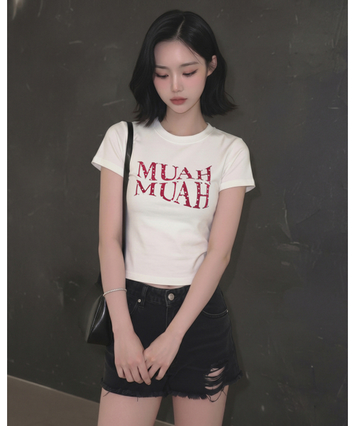 muahmuah（ムーアムーア）の「ハートポイントクロップ半袖Tシャツ[4色]（Tシャツ/カットソー・レディース・ブラック/アイボリー/ネイビー/アイボリー系・FREE）」の21枚目の写真