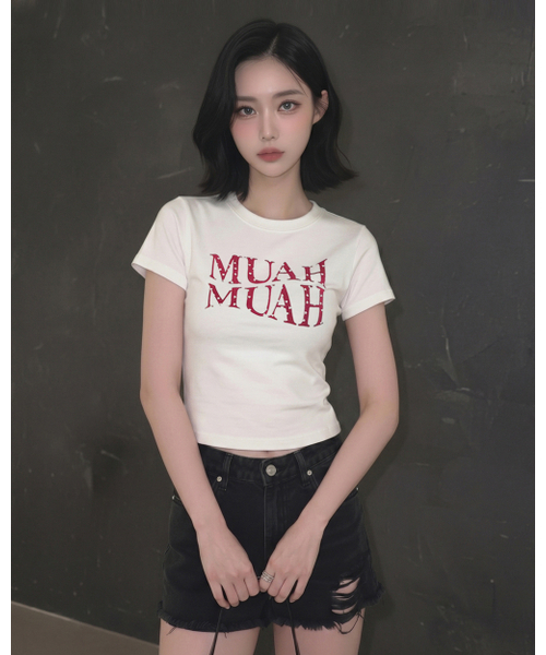 muahmuah（ムーアムーア）の「ハートポイントクロップ半袖Tシャツ[4色]（Tシャツ/カットソー・レディース・ブラック/アイボリー/ネイビー/アイボリー系・FREE）」の22枚目の写真
