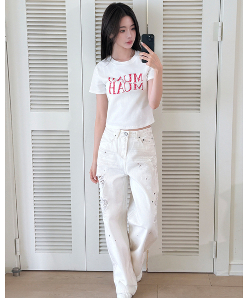 muahmuah（ムーアムーア）の「ハートポイントクロップ半袖Tシャツ[4色]（Tシャツ/カットソー・レディース・ブラック/アイボリー/ネイビー/アイボリー系・FREE）」の12枚目の写真